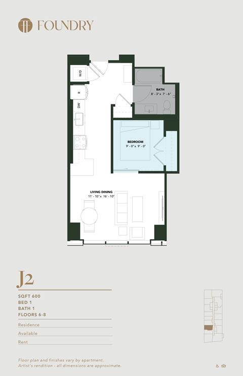 Floor plan for 1 bed, 1 bath, 600 sqft